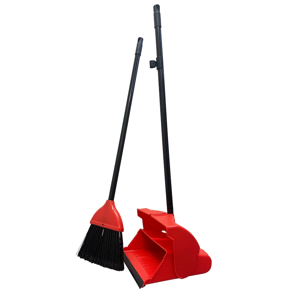 image 1 of Long Handled Dustpan and Brush Set Upright Sweeping Broom with Self Closing Lid