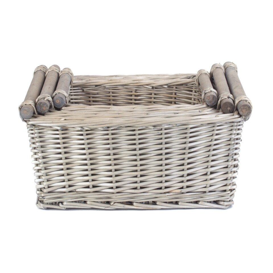 image 1 of Set of 3 Antique Wash Wooden Handled Wicker Storage Basket | Grey | Grey | Not provided
