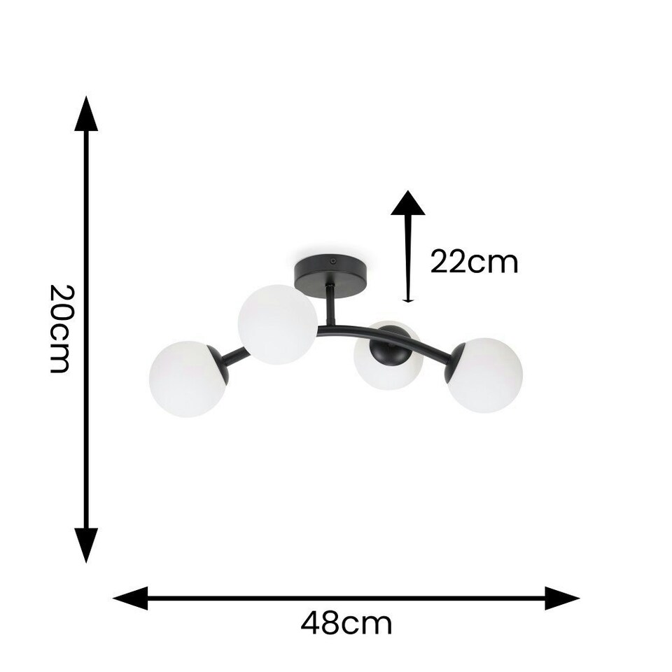 image 1 of ValueLights Jas Black 4 Way Ceiling Light with Opal White Frosted Glass Globe Shades and LED Bulbs