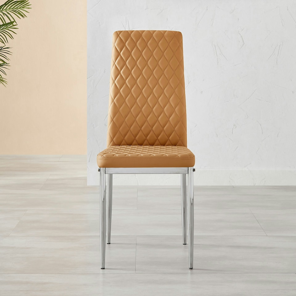 image 1 of Furniturebox 6x Milan Mustard Yellow Chrome Hatched Faux Leather Dining Chairs