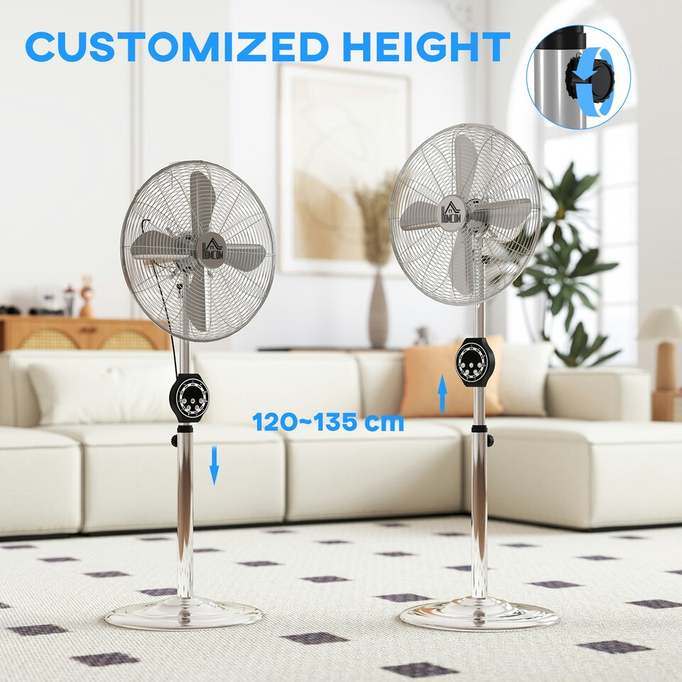 image 1 of HOMCOM Metal Pedestal Fan with Oscillating, Adjustable Height, Timer