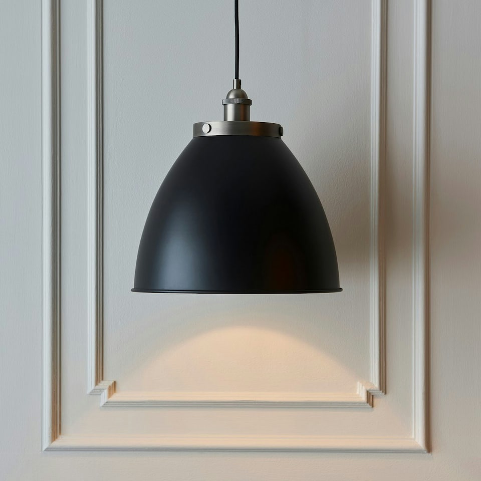 image 1 of Franklin Single Pendant Ceiling Lamp, Aged Pewter Plate, Matt Black Paint