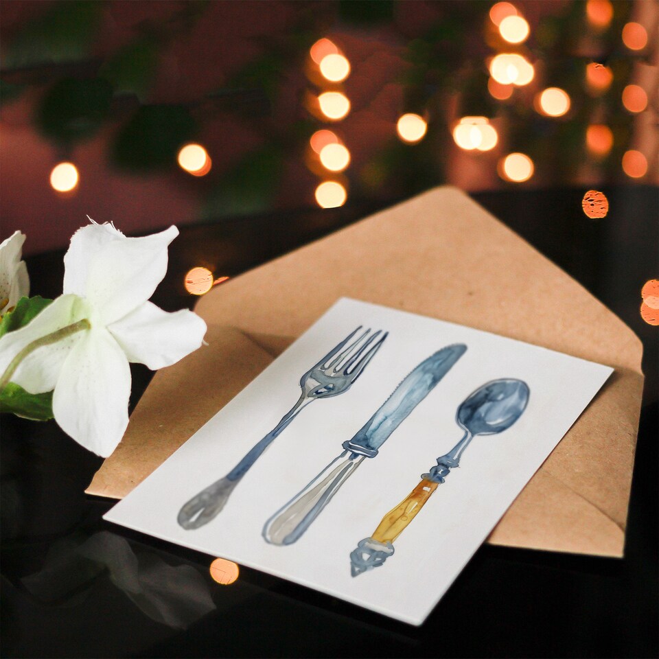 image 1 of Greeting Card Cutlery Fork Spoon and Knife Bright Watercolour Birthday