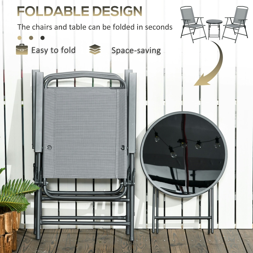 image 1 of Outsunny Patio Bistro Set Folding Chairs & Coffee Table for Balcony Light Grey