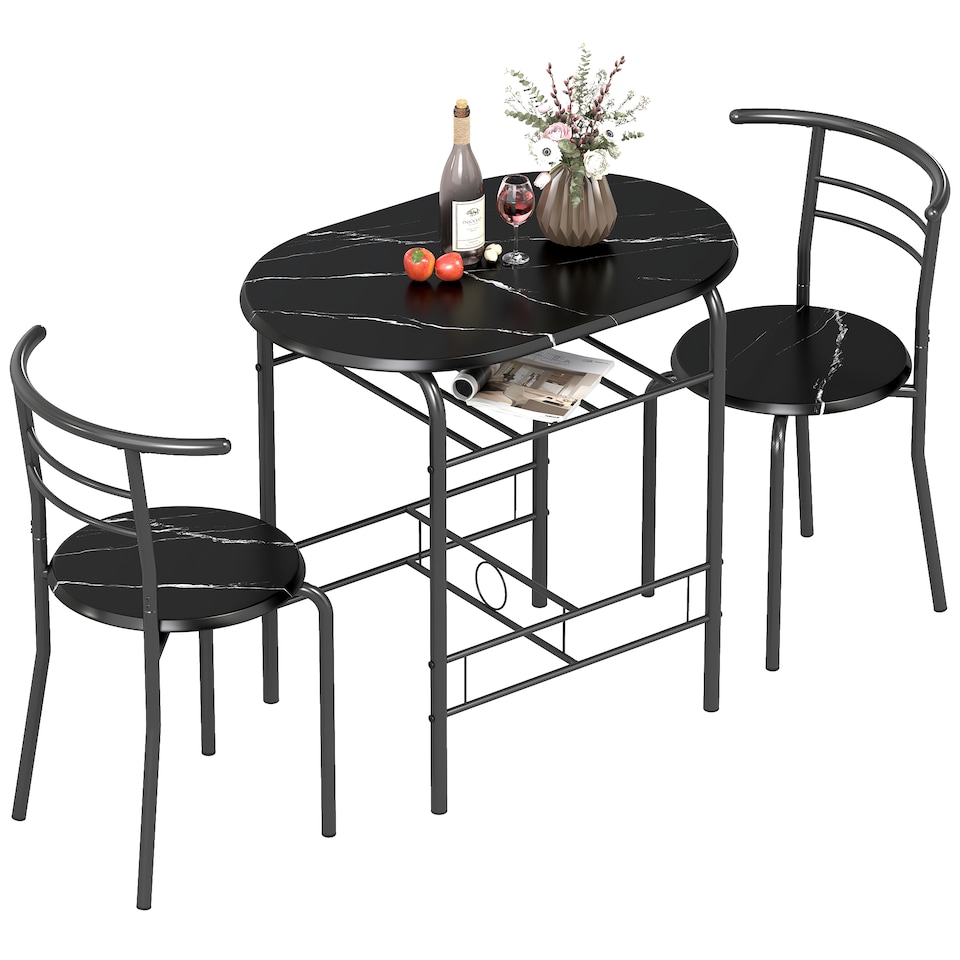 image 1 of HOMCOM Breakfast Bar Table and Stools Set, Dining Room Set with Shelf, Black | Black | Black