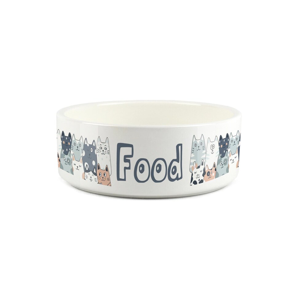 image 1 of Funny Cats Small Ceramic Food Bowl - White Feeding Dish For Cats