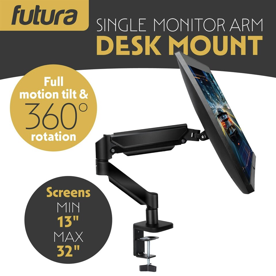 image 1 of Futura Single Monitor Arm Desk Mount, Gas Spring Adjustable Stand for 13-32 Inch Screens | Black | Black | 1