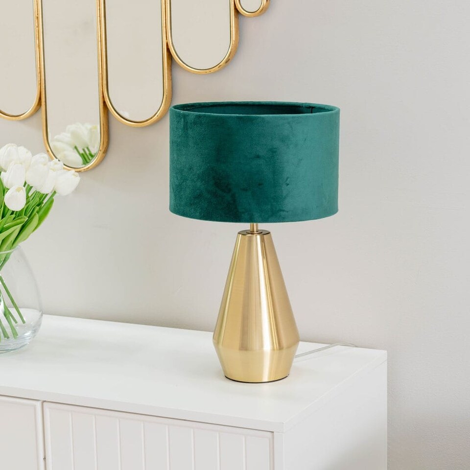 image 1 of ValueLights Jax Antique Brass Touch Table Lamp Forest Green Velvet Shade