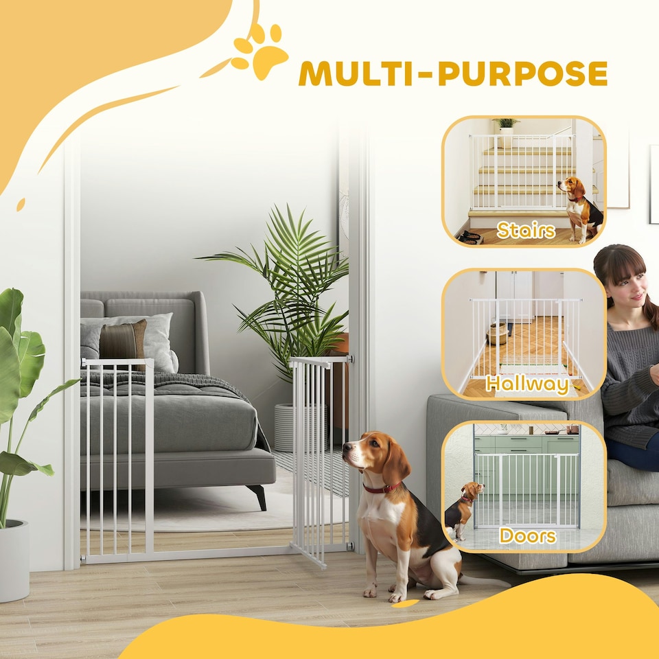 image 1 of PawHut Pressure Fitted Pet Dog Safety Gate Metal Fence 76 cm Tall, White