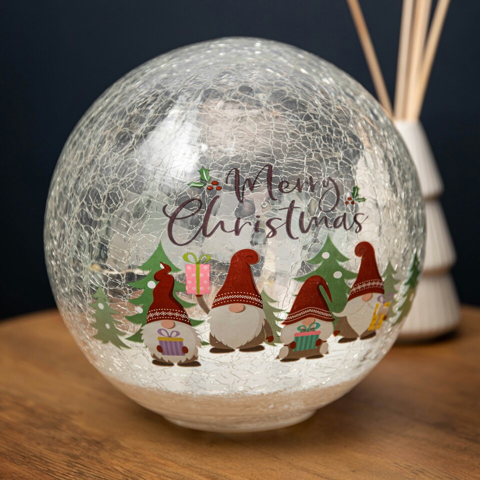 image 1 of 20cm Battery Operated Twinkling Warm White LED Crackle Effect Ball Christmas Decoration with Gonks