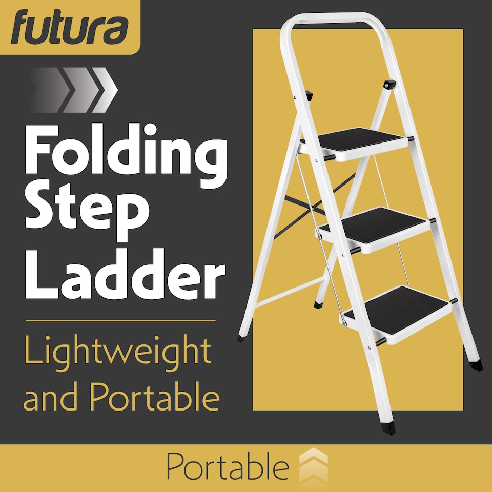 image 1 of Futura 3 Step Ladder White, Heavy-Duty Steel Folding Home DIY Step Stool with Wide Non-Slip Steps & Anti Slip Feet 150kg Capacity