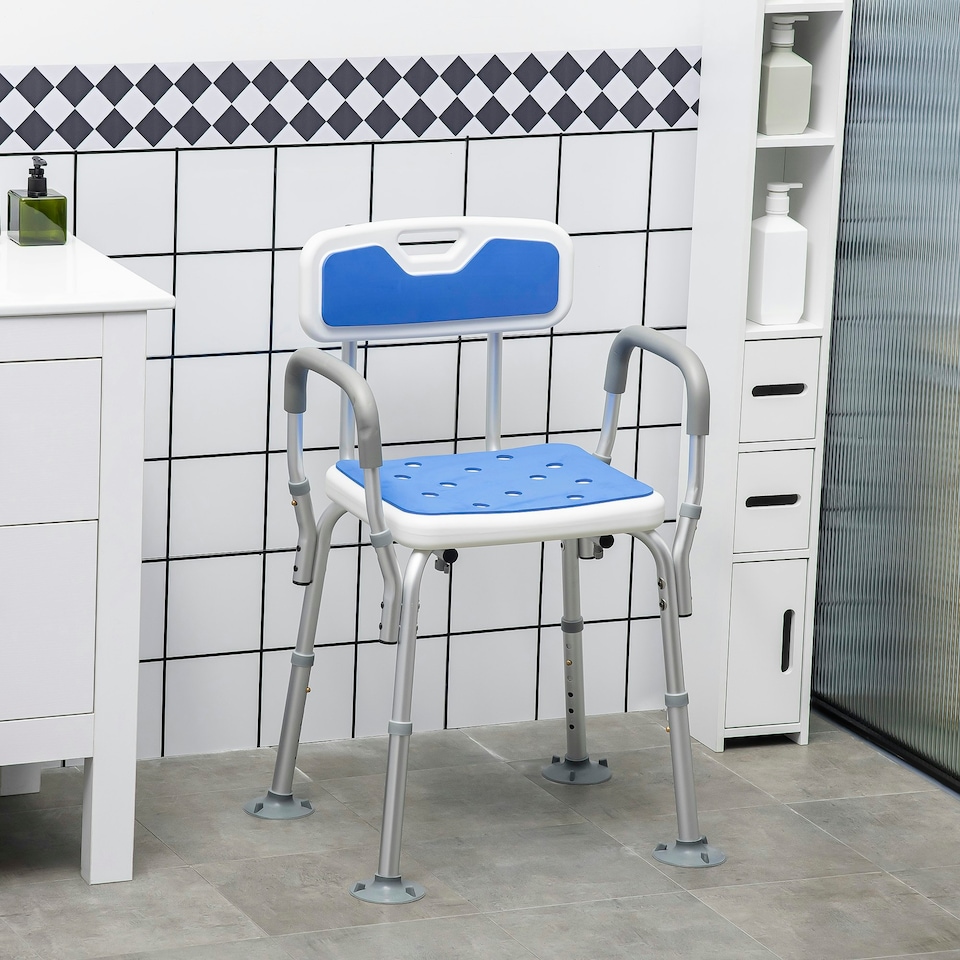 image 1 of HOMCOM EVA Padded Shower Chair for the Elderly and Disabled, Height Adjustable Shower Stool with Back and Arms, 4 Suction Foot Pads, Light Blue