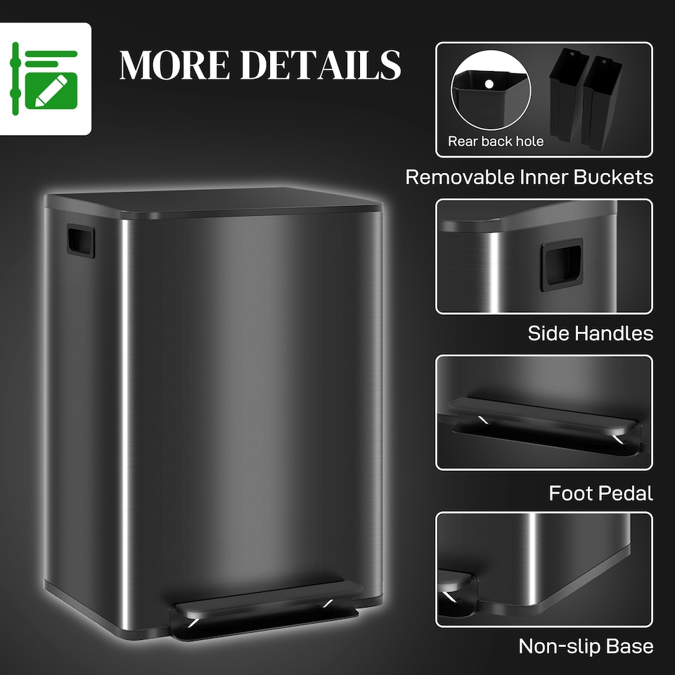 image 1 of HOMCOM 2 x 30L Double Kitchen Bin, Pedal Bin with Soft-Close Lid, Black Black