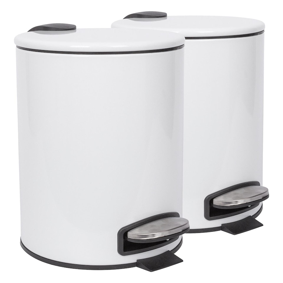 image 1 of Harbour Housewares 2x Bathroom Pedal Bins - 5L - White - Round Stainless Steel Slim Rubbish Dustbin Lid and Inner Liner Bucket
