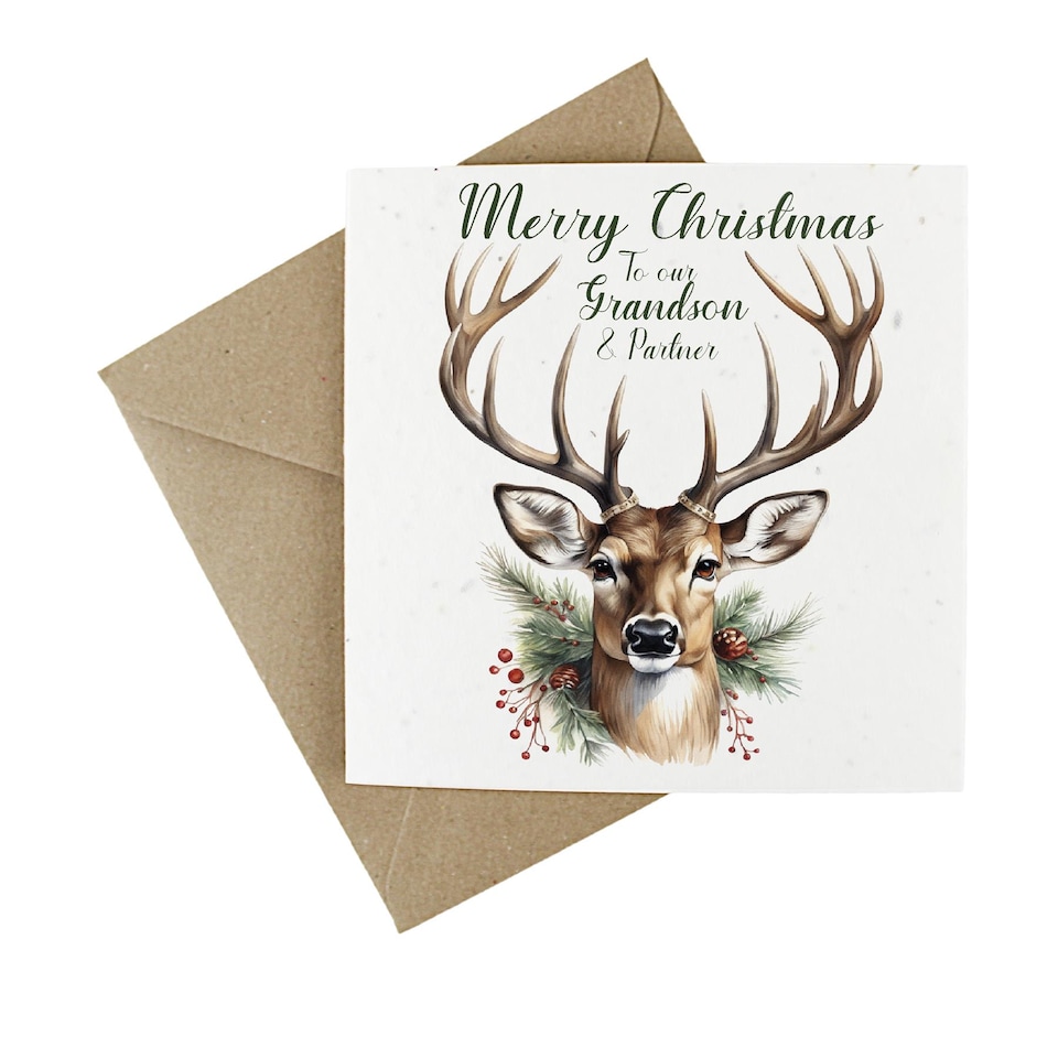 image 1 of Festive Stag - Grandson & Partner - Plantable Wildflower Seed Christmas Card