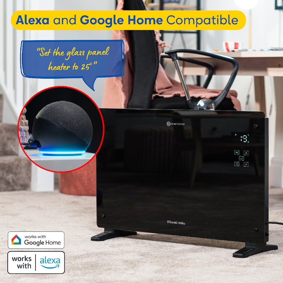 image 1 of Russell Hobbs RHPANH2006B Glass Panel Electric Heater 2000W Smart Wi-Fi Enabled in Black