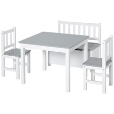 HOMCOM 4-Piece Set Kids Wood Table Chair Bench w/ Storage Function for 3 Years+ Grey