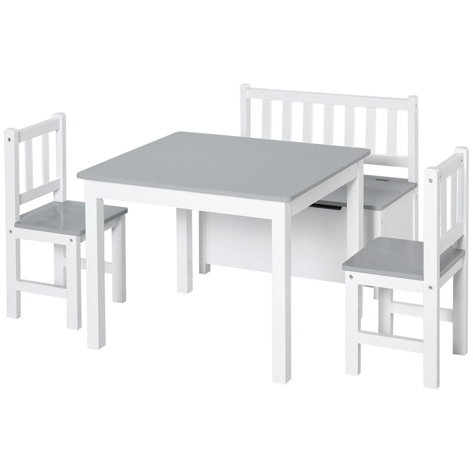 image 1 of HOMCOM 4-Piece Set Kids Wood Table Chair Bench w/ Storage Function for 3 Years+ Grey