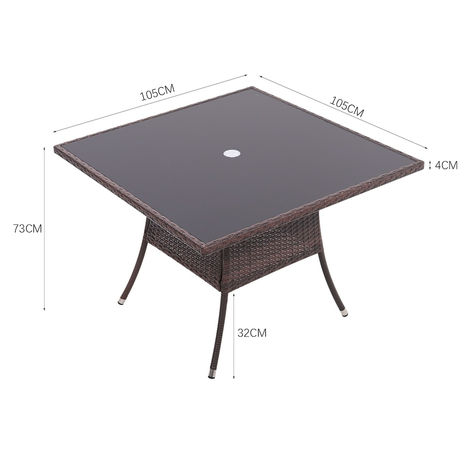 image 1 of Living and Home Square Wicker Tempered Glass Table with Parasol Hole - Brown Brown