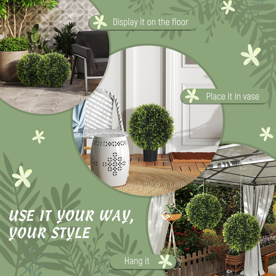 image 1 of HOMCOM Set of 2 Artificial Plant Topiary Balls, UV-protected Fake Decorative Plants, FauPlants for Home Indoor Outdoor Decor, 45cm, Green