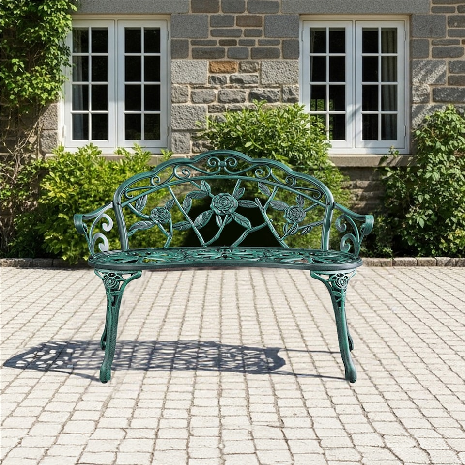 image 1 of Yaheetech Floral Rose Accented Outdoor Metal Bench-Green | Green | Green | One Size | 1