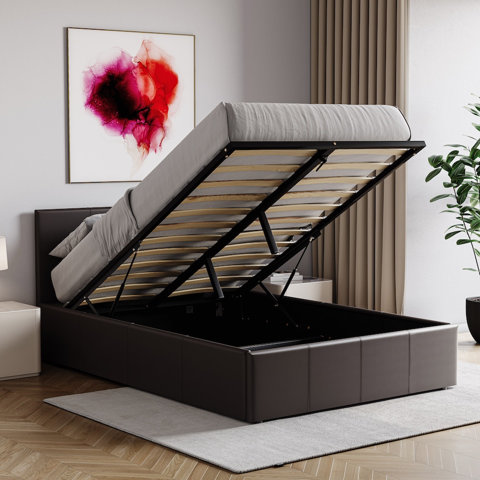 image 1 of Vida Designs Lisbon 4ft Small Double Size Ottoman Bed Storage Faux Leather, Brown, 120 x 190cm
