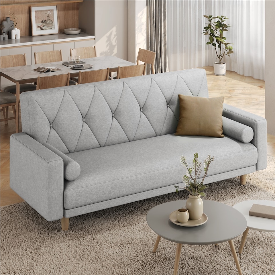 image 1 of Yaheetech Fabric Convertible Sofa Bed with 2 Bolster Pillows-Light Grey