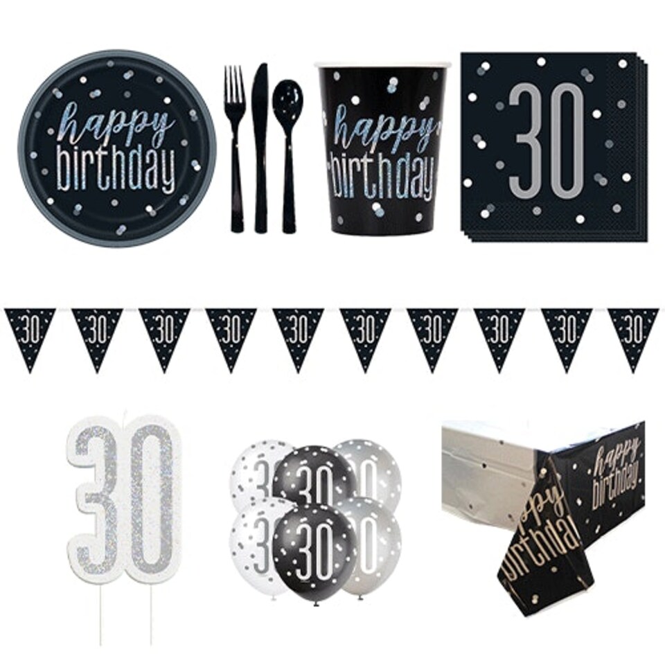 Black Glitz 30th Birthday 8 Person Deluxe Party Pack