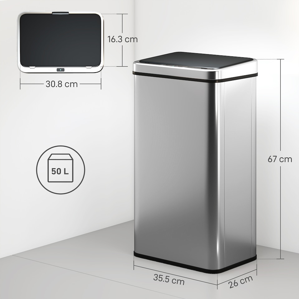 image 1 of HOMCOM Kitchen Bin with Fast Motion Sensor, 50L Stainless Steel Sensor Bin | Silver