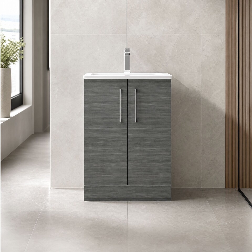 image 1 of Balterley Modern Bathroom 2 Soft Close Door Floor Standing Vanity & Basin | Grey | Anthracite Woodgrain | 830 x 610 x 440mm