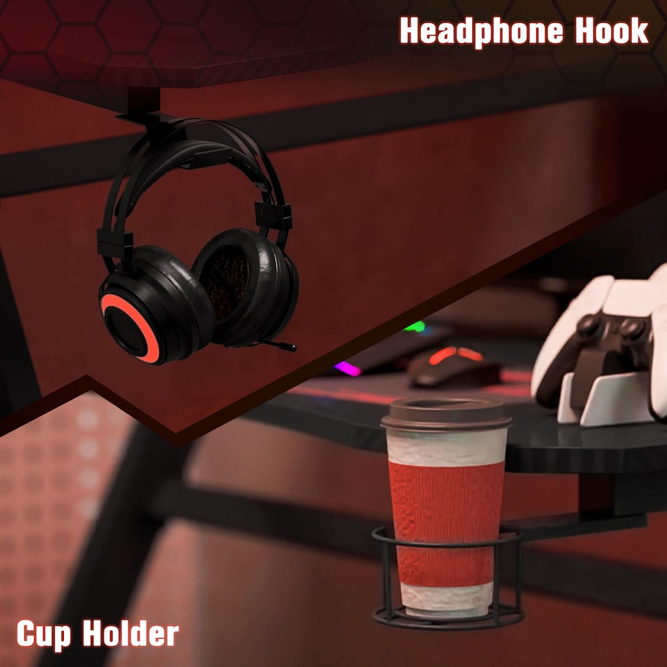 image 1 of HOMCOM Gaming Desk 120 x 65 cm Steel Frame with Cup Holder, Headphone Hook, Adjustable Feet and Cable Organiser, Home Office Computer Table, Black