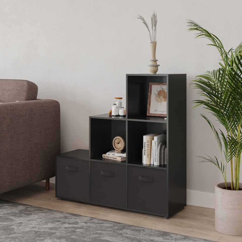 image 1 of 6-Cube Step Shelving Unit With Non Woven Inserts | Black | Black & Black | 1