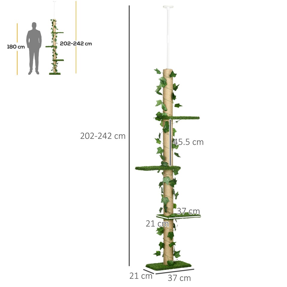 image 1 of PawHut 242cm Floor to Ceiling Cat Tree with Leaves Scratching Post, Green
