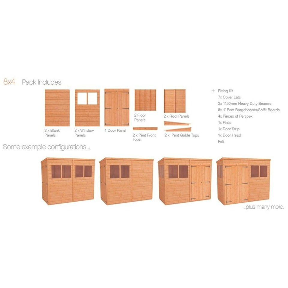 image 1 of 8 x 4 (2.38m x 1.15m) Wooden Tongue and Groove PENT Shed + Double Doors (12mm T&G Floor and Roof) (8ft x 4ft) (8x4)