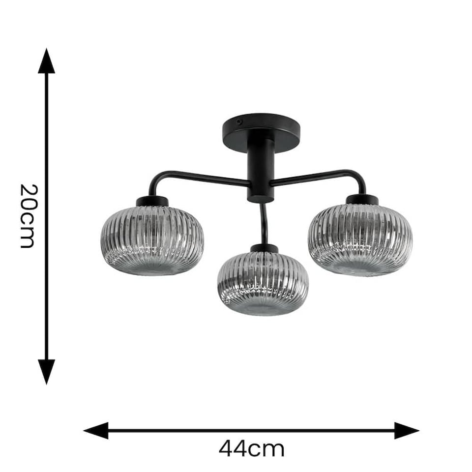 image 1 of ValueLights Amaia Black IP44 3 Way Smoke Ribbed Glass Ceiling Light | Black