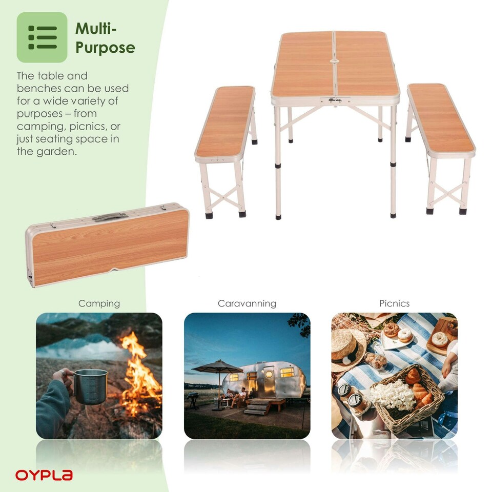 image 1 of Oypla 3ft Folding Outdoor Camping Kitchen Wood Effect Work Top Table and Benches Brown