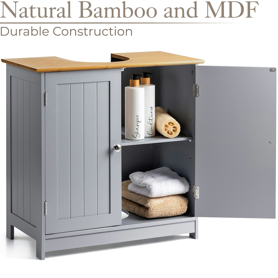 image 1 of Christow Bathroom Under Sink Cabinet Grey Bamboo Wooden Storage Cupboard Unit