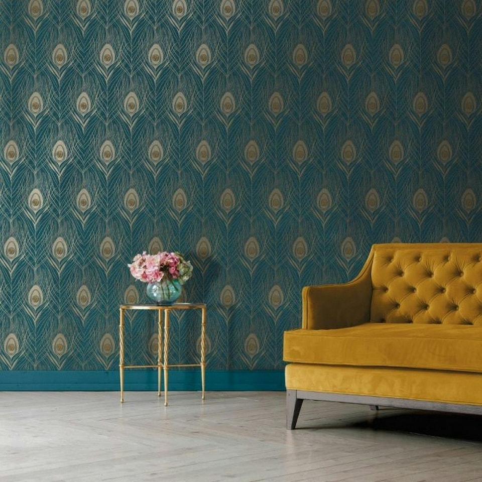 image 1 of AS Creation Absolutely Chic Peacock Feather Wallpaper - Blue/Gold - 10.1m x 53cm Blue