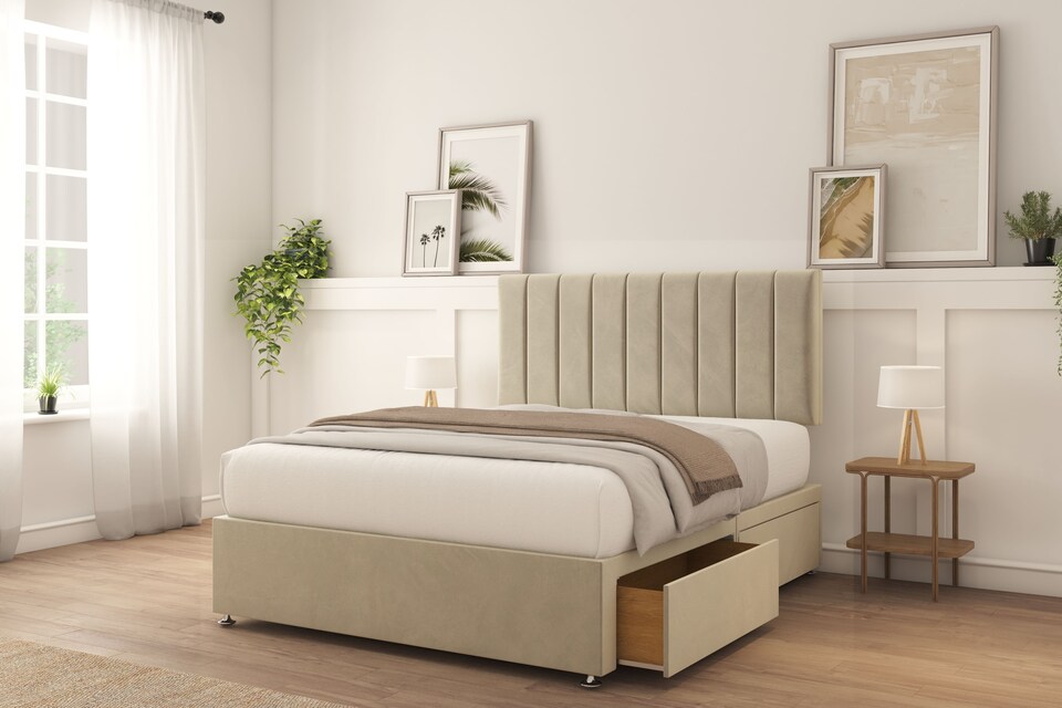 image 1 of Sloomy Kansas Cream Plush Divan Bed Base 2 Drawers Foot-End With 26" Strutted Headboard 4'6 Double