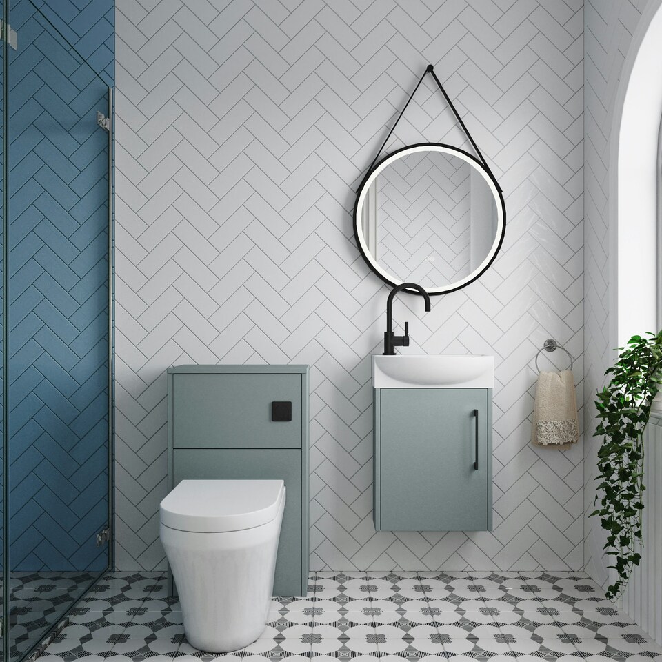 image 1 of Power Cloakroom Bundle - Right Wall Hung Vanity Unit, Concealed Cistern WC Unit, Toilet & Tap, 440mm - Grey/Black - Balterley Brown