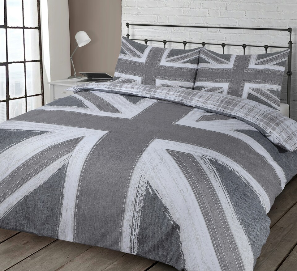 image 1 of Velosso Union Jack Reversible Printed Cotton Blend Duvet Cover and Pillowcase Set | Grey | King