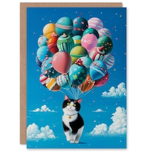 Clouds Balloons Surreal Woman Cat Her Birthday Card