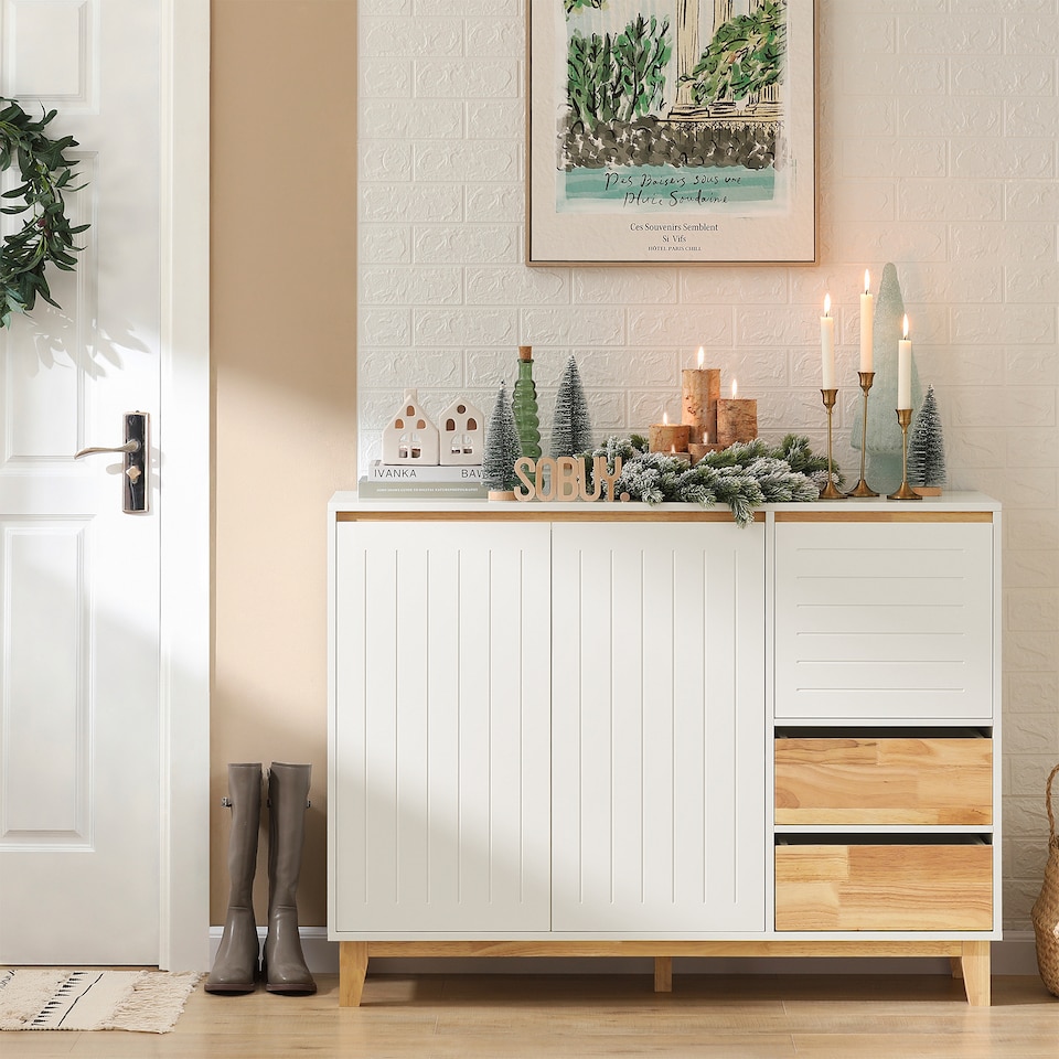 image 1 of SoBuy Low Sideboard with 2 Doors & 3 Drawers, White/Natural Wood, 47.2x15.7x35.4 inches, 27.1 kg - FSB75-WN