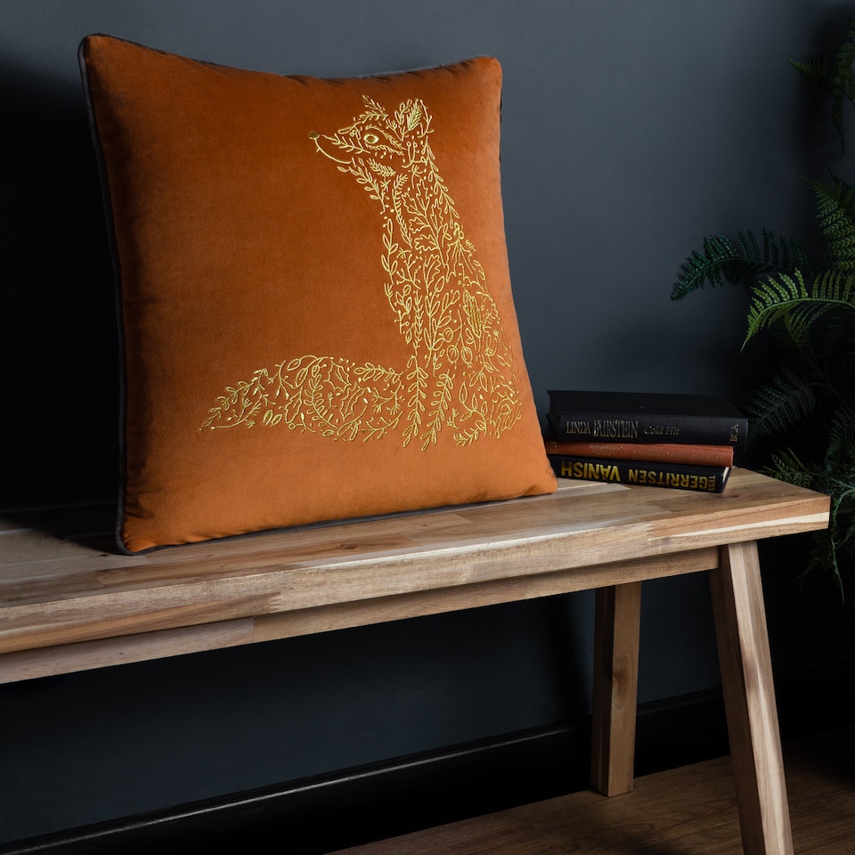 image 1 of Furn Forest Fauna Fox Velvet Piped Cushion, Rust/Gold, 50 x 50cm