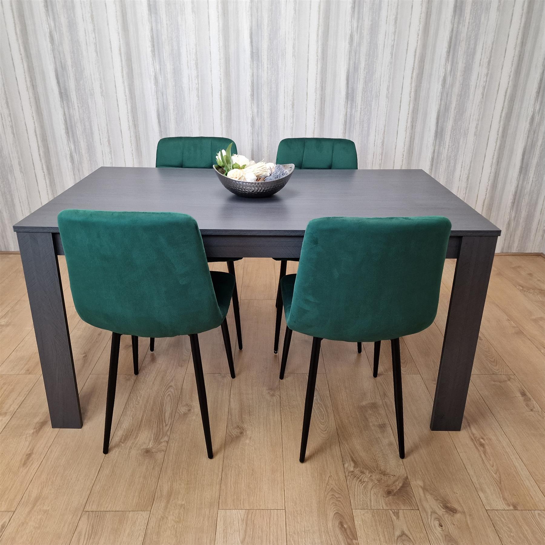 Dark Grey Dining Table with 4 Green Velvet Chairs Modern Kitchen Dining Set