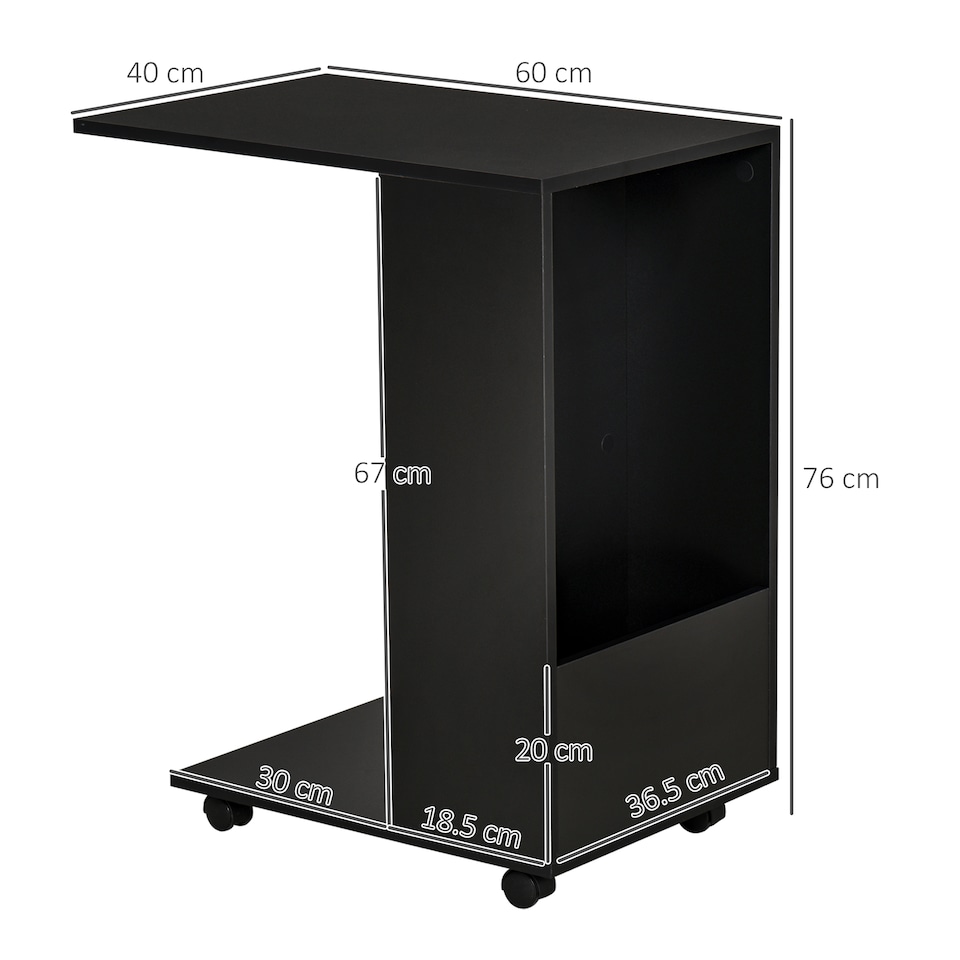 image 1 of HOMCOM Mobile Sofa Side Table C-Shape End Table with Storage and Casters for Laptop Coffee Snack, Black