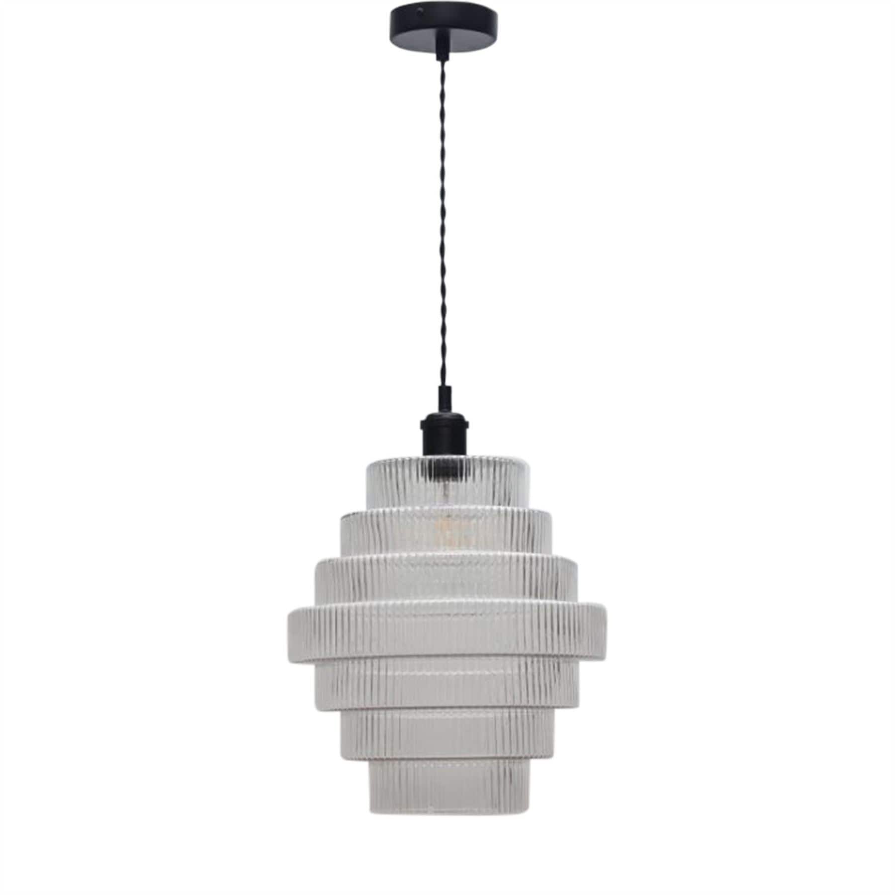 First Choice Lighting Benson - 7 Tier Large Stepped Clear Glass Black Ceiling Pendant Light