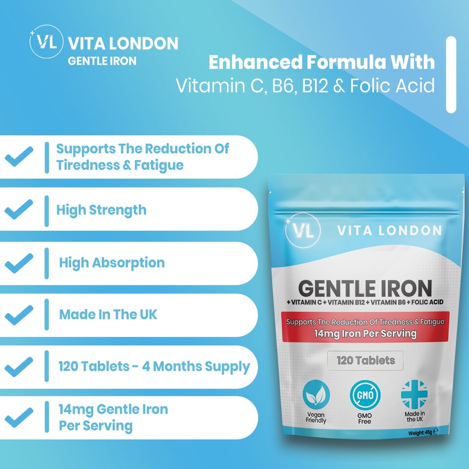 image 1 of Gentle Iron Tablets - Ferrous Bis-Glycinate + Vitamins C, B6, B12 & Folic Acid - 14mg - 120 Tablets