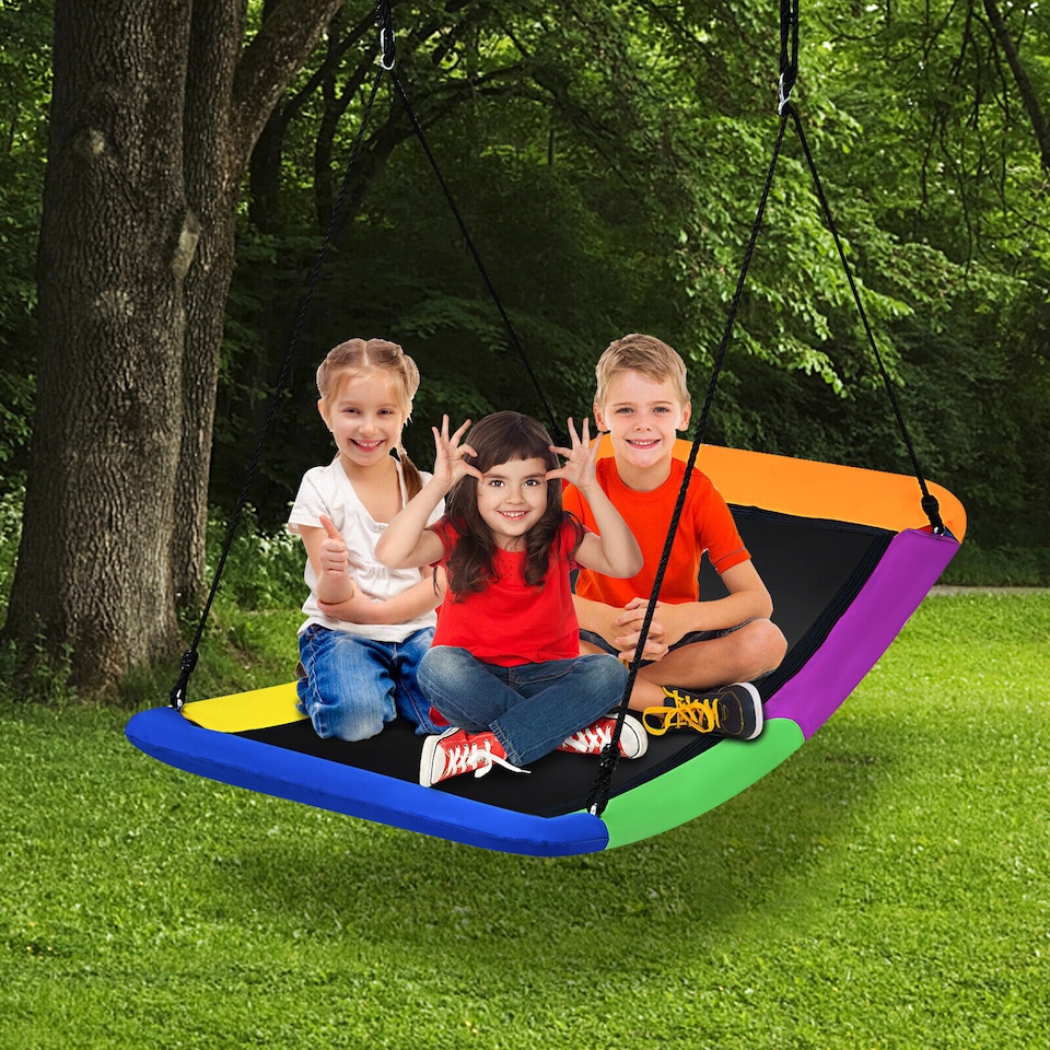 image 1 of COSTWAY Nest Swing Square Kids Swings Outdoor Tree Swing Seat Adjustable Hanging Ropes