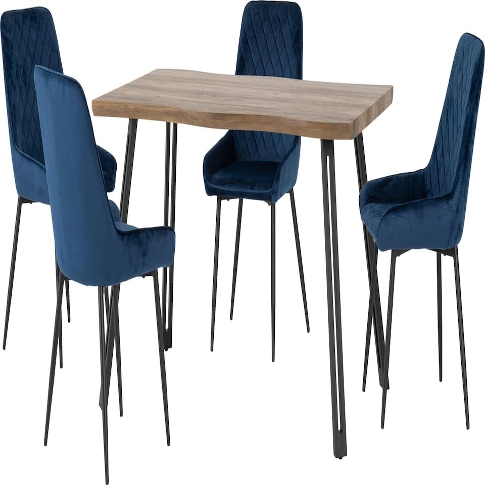 image 1 of Quebec Wave Edge Dining Set with 4 Velvet Avery Chairs Blue | Sapphire Blue